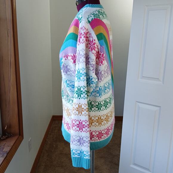 33Degrees Rainbow Unicorn Sweater L fair isle snowflakes soft white tassels ugly - Picture 3 of 15